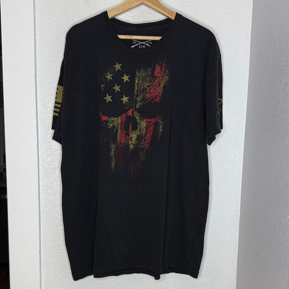 Grunt Style Skull American Flag Graphic Tee Black Patriotic Shirt USA Freedom